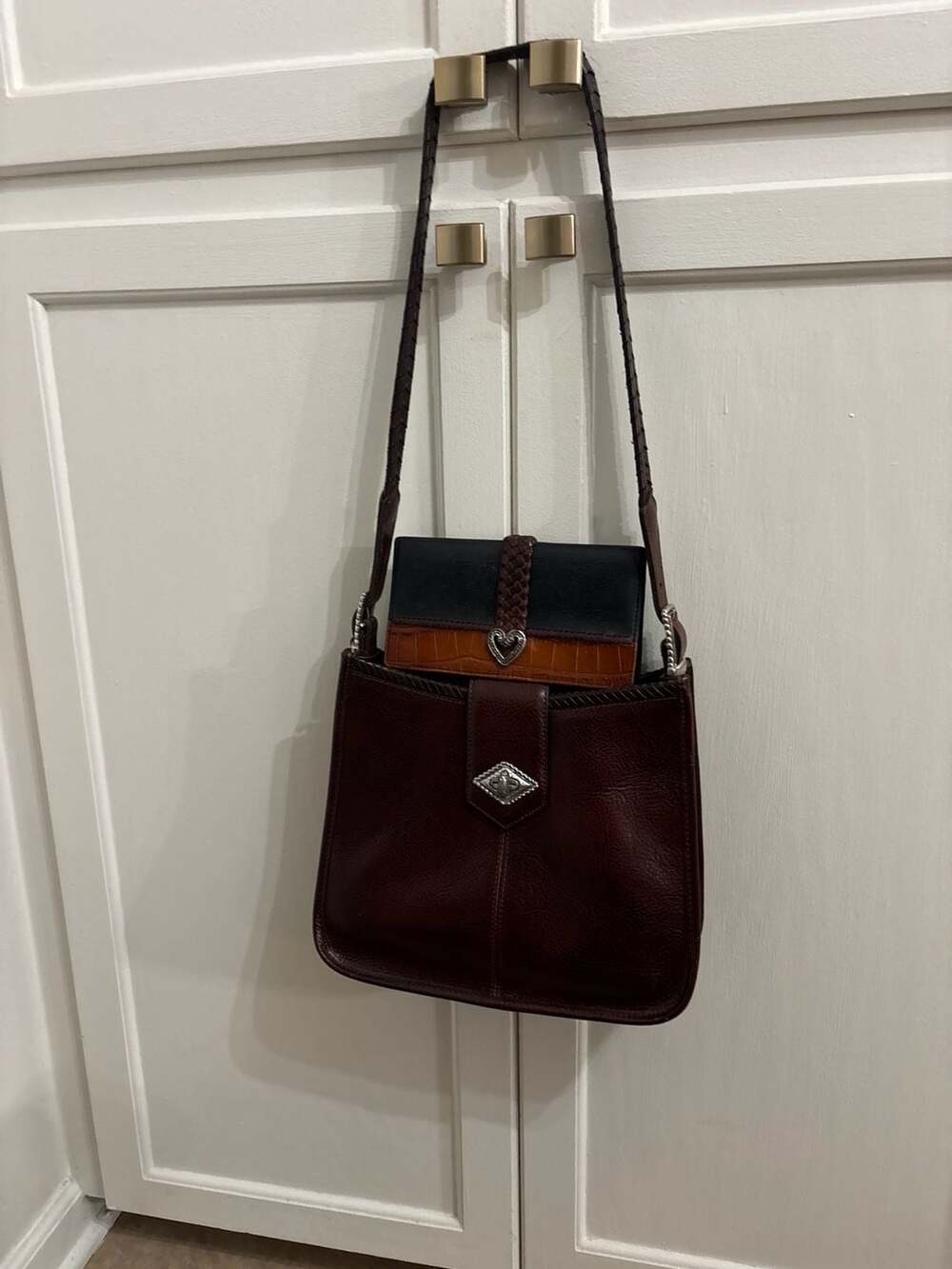 Brighton Vintage Brown Leather Shoulder Bag and Tri-Tone Heart Wallet Set